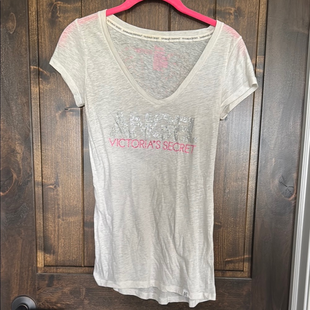 Victoria's Secret White Sparkle Angel Logo Fitted V-Neck Tee size Small